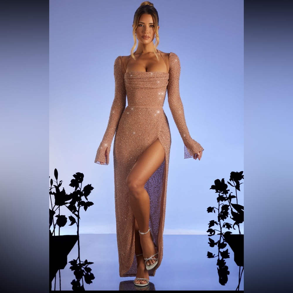 Oh Polly Embellished cowl neck maxi nude dress-6